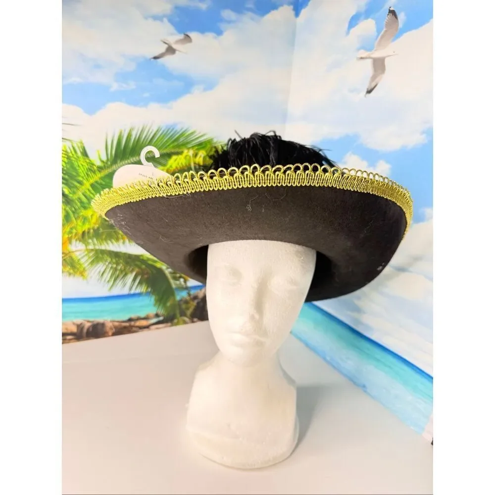 Black & Gold Pirate / Musketeer Costume Hat w Feathers / Plume Adult One Size